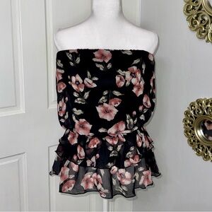 Fashion Magazine Floral Ruffle Strapless Cropped Blouse Black Pink S
